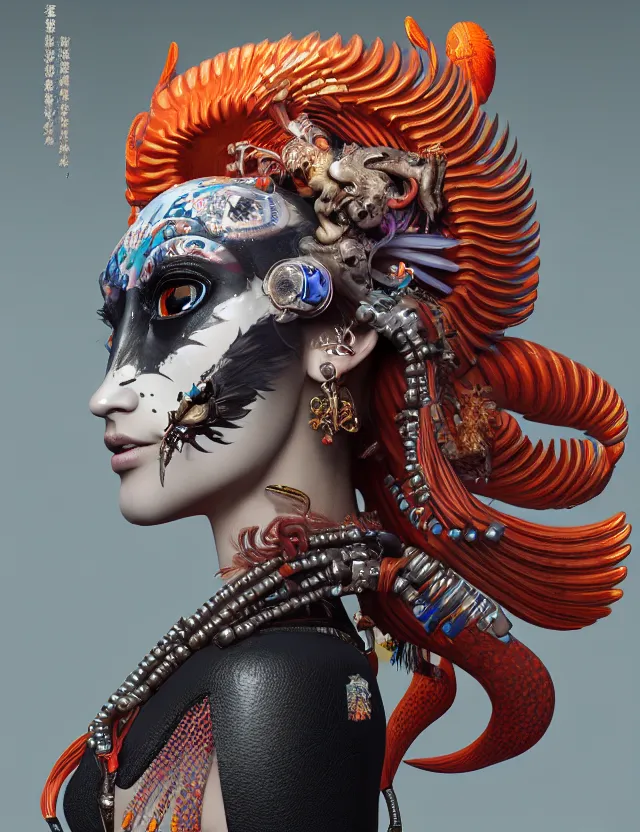 Image similar to 3 d goddess close - up profile portrait cyberpunk with ram skull. beautiful intricately detailed japanese crow kitsune mask and clasical japanese kimono. betta fish, jellyfish phoenix, bio luminescent, plasma, ice, water, wind, creature, artwork by tooth wu and wlop and beeple and greg rutkowski