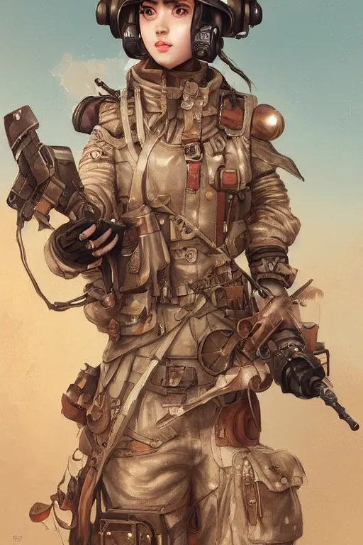 Prompt: portrait of dieselpunk blackpink jisoo soldier girl, helmet, desert, armored, highly detailed, digital painting, face detail, sharp focus, art, illustrations by loish and rossdraws and ayanamikodon and wlop and irakli nadar