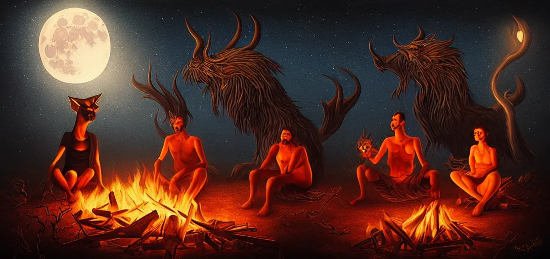 Image similar to strange mythical beasts of sitting around a fire under a full moon, surreal dark uncanny painting by ronny khalil