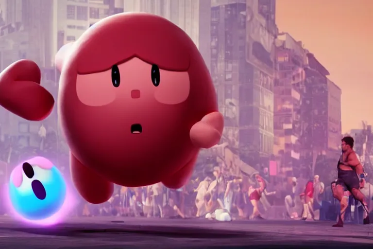 Image similar to a photo of an injured man fighting a giant kirby, photorealistic, bloody, 8 k