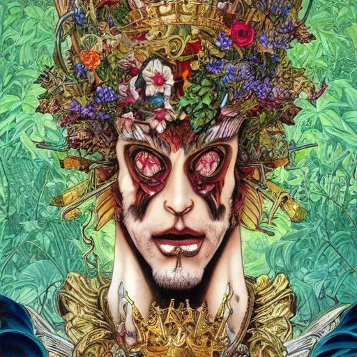 Image similar to portrait of crazy king of hearts with vegetation around, symmetrical, by yoichi hatakenaka, masamune shirow, josan gonzales and dan mumford, ayami kojima, takato yamamoto, barclay shaw, karol bak, yukito kishiro