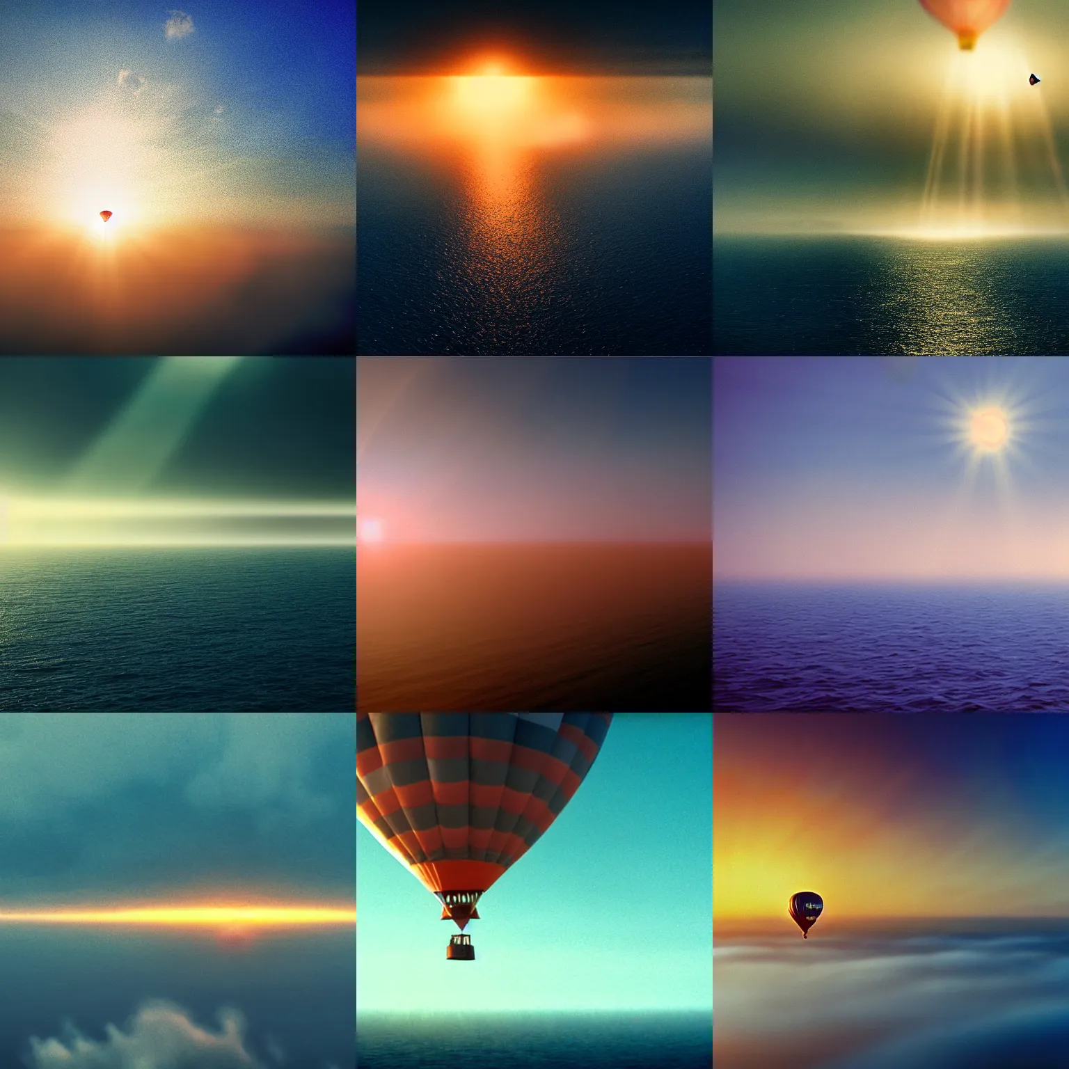 Prompt: thousand hot hair ballons at the horizon flies above the sea, beautiful colored light, HDR, hazy, foggy, atmospheric perspective, volumetric fog, cinematic, 35mm lens, anamorphic lens flare, photographic, cinematography by roger deakins, in the style of ansel adams, low details,