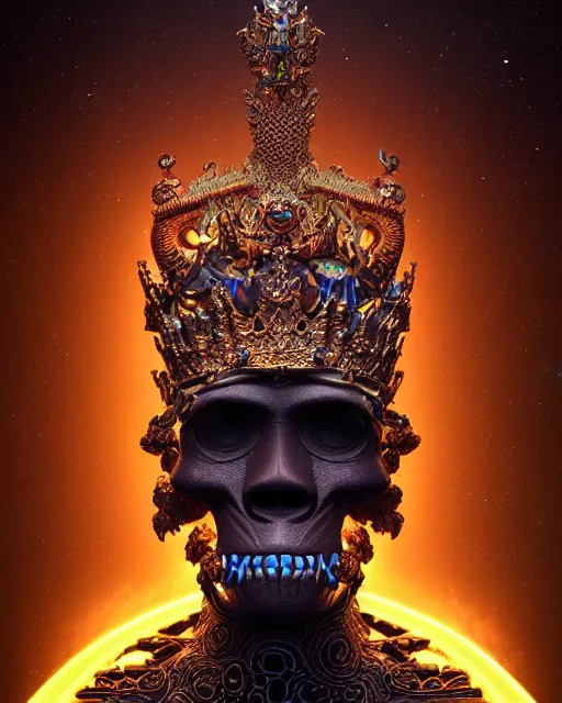 Image similar to 3 d ornate carved dark cosmic king queen profile portrait, sigma 5 0 0 mm f / 5. beautiful intricate highly detailed quetzalcoatl skull. bioluminescent, plasma, lava, ice, water, wind, creature, thunderstorm! artwork by tooth wu and wlop and beeple and greg rutkowski, 8 k trending on artstation