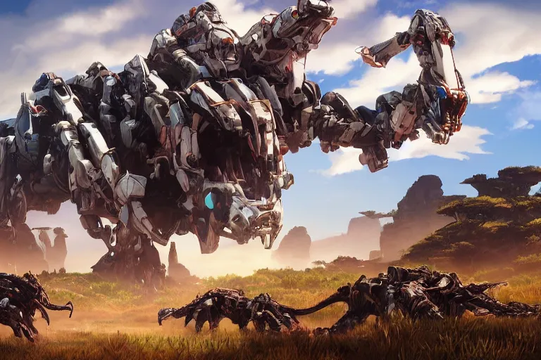 Image similar to tallneck machine mecha animal beast robot of horizon forbidden west horizon zero dawn bioluminiscence global illumination ray tracing hdr fanart arstation by sung choi and eric pfeiffer and gabriel garza and casper konefal