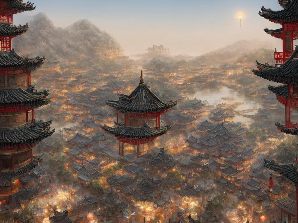 Image similar to ancient chinese city viewed from harbor, d & d digital painting, ultra realistic, beautiful, volumetric lighting, warm colors advance, cell shading, by james jean, greg rutkowski, yoann lossell, raphael lacoste