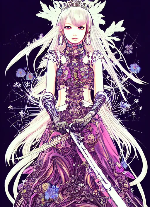 Prompt: highly detailed terada katsuya artgerm artstation final fantasy minaba hideo manga poster of princess mechine, long hair, armor, dress, laces, ruffles, 8 k, fluorescent, maximalist, jump comics, tomer hanuka