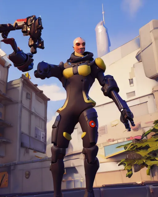 Prompt: tall skinny villain playable hero character in overwatch