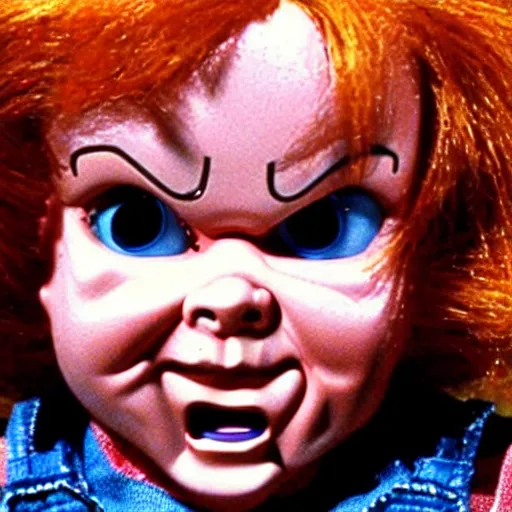 Prompt: Chucky the killer doll from the movie Child's Play standing in the yard