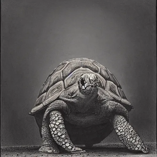 Image similar to A tortoise covered in blood, roaring in antipication of death, style of keith thompson, laurie lipton, Zdzisław Beksiński