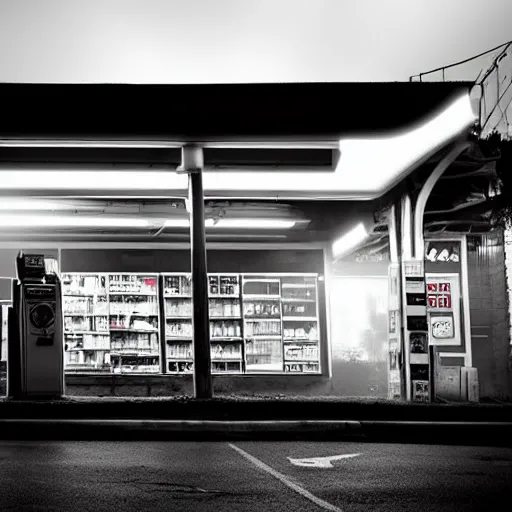 Image similar to a convenience store at a gas station in the dark and misty night, observed from afar in the fog, cyberpunk style ( 2 0 6 0 ), retro futuristic style