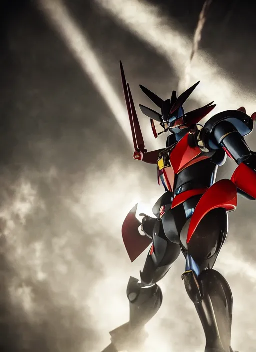 Image similar to a photorealistic dramatic hyperrealistic render of a beautiful mazinger z by go nagai, wlop, greg rutkowski, hidetaka tenjin, yoh yoshinori, yoji shinkawa, beautiful dynamic dramatic dark moody lighting, shadows, cinematic atmosphere, studio lighting, shadows, dark background, octane render, 8 k