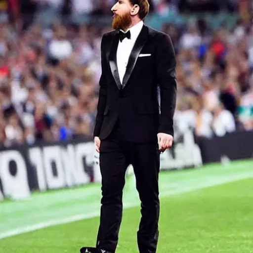 Prompt: photograph of Messi wearing a crown while dressed in a black tuxedo