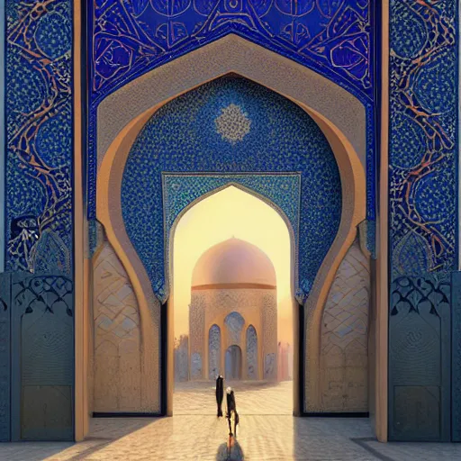 Image similar to art nouveau gate leading into Moroccan Samarkand mosque with Nabatean geometric decorations, science fiction concept art by greg rutkowski and wayne barlowe and alphonse mucha