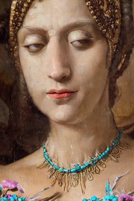 Prompt: hyperrealism close - up mythological portrait of an exquisite medieval woman's shattered face partially made of turquoise flowers in style of classicism, wearing white dress, dull palette
