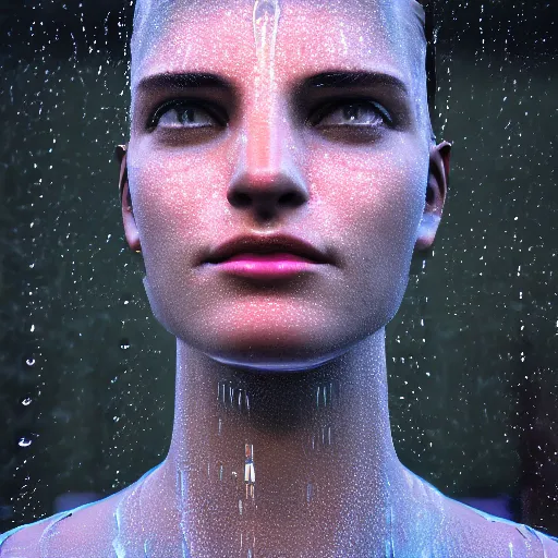 Image similar to a human portrait made out of rain, neon light, beautiful, rendered in octane, unreal engine, realistic