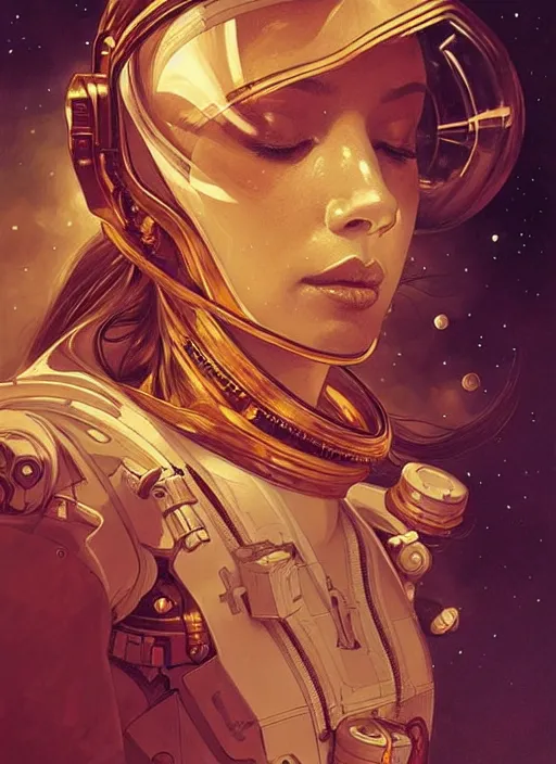 Image similar to psychoslayer, woman astronaut, intricate abstract. being entered by machine, portrait, highly detailed, deep focus, elegant, golden hour, elegant, highly detailed, digital painting, artstation, concept art, smooth, sharp focus, illustration, art by artgerm and greg rutkowski and alphonse mucha