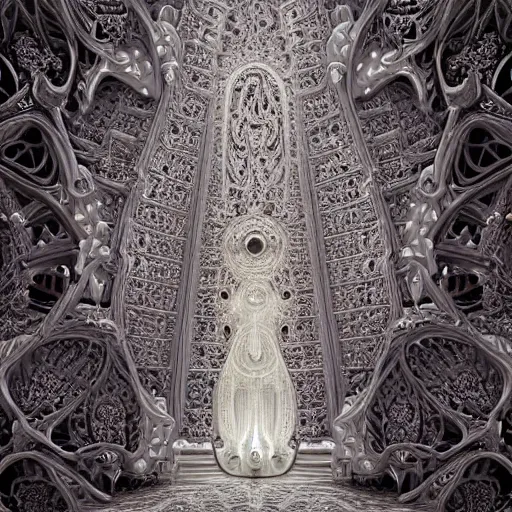 Image similar to beautiful hyperrealistic 3 d render of a delicate ivory sculpture of an ornate detailed cathedral populated by mandelbrot fractals by android jones, micro detail, unreal engine, dramatic lighting, psychedelic, octane renderer, catholicpunk, glowing, white color scheme, photorealistic, physically based rendering, angelic, hyper detailed, colorful, carved soap, trending on cgsociety