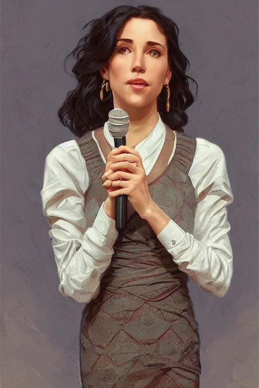 Image similar to beautiful cottagecore Seinfeld holding a microphone. intricate, elegant. highly detailed, digital painting, artstation, concept art, smooth, sharp, focus, illustration. . art by artgerm and greg rutkowski and alphonse mucha