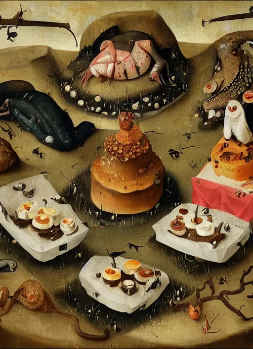 Image similar to a bunch of geckos eating cakes painted by hieronymous bosch, detailed digital art, trending on Artstation