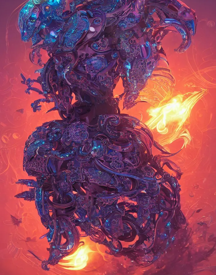 Prompt: goddess portrait athletic male knight portrait, jellyfish phoenix dragon, butterfly squid, burning halo mandala symmetrical ornament, intricate artwork by simon stalenhag and james jean and beeple and greg rutkowski, coherent symmetrical artwork, cinematic, hyper realism, high detail, octane render, unreal engine, 8k, Vibrant colors, Smooth gradients, High contrast, depth of field