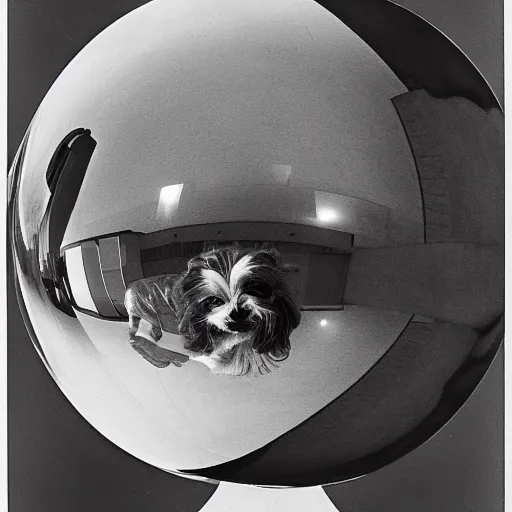 Image similar to self portrait of a havanese dog reflecting into a chrome sphere, 1 9 5 0 s, pen on paper, by mc escher