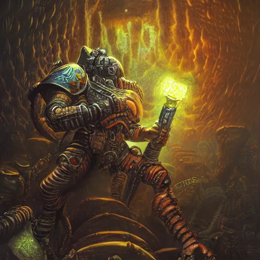 Prompt: photorealistic warhammer 4 0 k in the style of michael whelan and gustave dore. hyperdetailed photorealism, 1 0 8 megapixels, fully clothed, lunar themed attire, amazing depth, glowing rich colors, powerful imagery, psychedelic overtones, 3 d finalrender, 3 d shading, cinematic lighting, artstation concept art