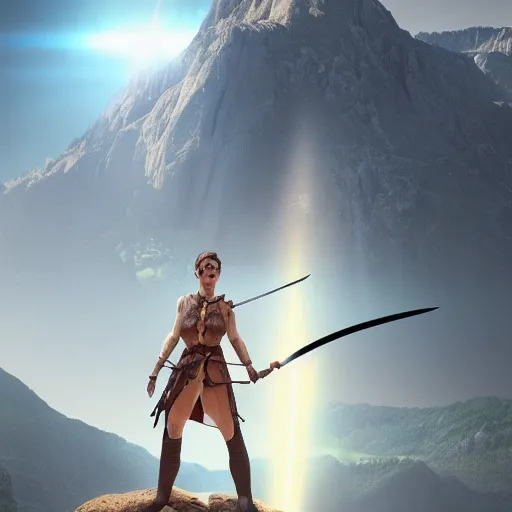 Image similar to a woman with a sword standing in front of a mountain, a character portrait by René Auberjonois, trending on cgsociety, photorealism, reimagined by industrial light and magic, #vfxfriday, anamorphic lens flare