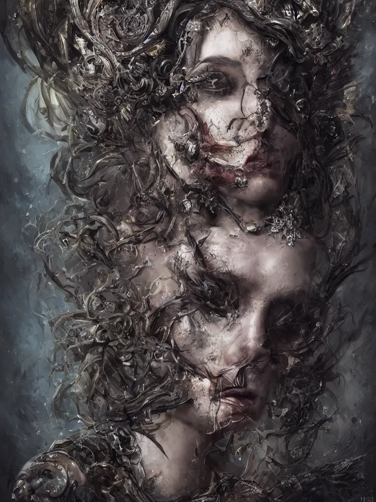 Image similar to single face portrait. very complex hyper-maximalist overdetailed cinematic darkfantasy portrait of an elegant very attractive but dangerous and wild female ent lady by andrei riabovitchev, tomasz alen kopera, oleksandra shchaslyva. Omnious intricate. Focus on face. Artstation. Deviantart. 8k 4k 64megapixel. Rendered by binx.ly. discodiffusion style portrait.