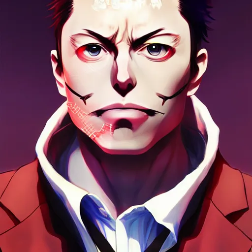 Image similar to anime portrait of evil elon musk on drugs as an anime antagonist by Stanley Artgerm Lau, WLOP, Rossdraws, James Jean, Andrei Riabovitchev, Marc Simonetti, and Sakimichan, trending on artstation