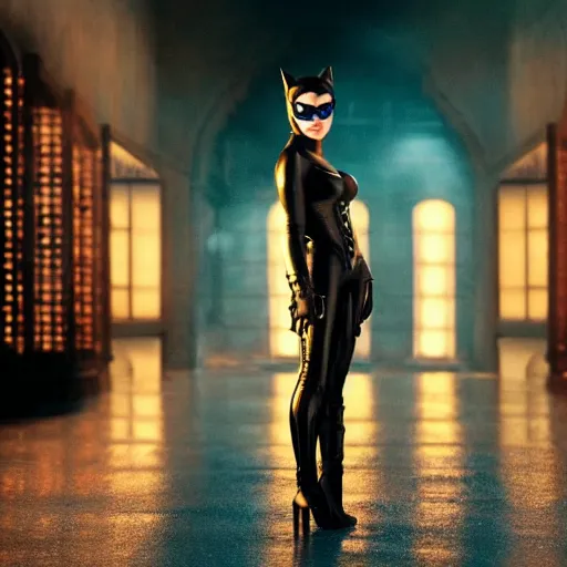 Prompt: real-life Catwoman, cinematic, Wide-shot, atmospheric lighting, directed by Quentin Tarantino, extreme detail, 8K, movie still