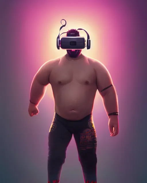 Image similar to highly detailed vfx portrait of, big wrestler wearing a vr headset, stephen bliss, unrealengine, greg rutkowski, loish, rhads, beeple, makoto shinkai and lois van baarle, ilya kuvshinov, rossdraws, tom bagshaw,