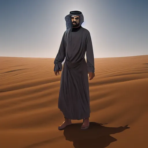 Image similar to saudi arab man standing in the dessert digital art in the style of greg rutkowski and craig mullins, 4 k