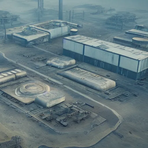 Image similar to an aerial view of an abandoned industrial terrain with giant nuclear plants, night time, shot from the blade runner 2049 movie, designed by Ash Thorp, moody, dark, foggy