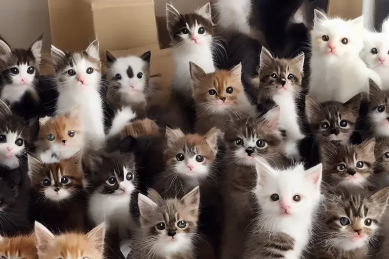 Image similar to a living room full of cute kittens that are all sitting positioned facing directly at the camera and all of the kittens are looking directly into the camera