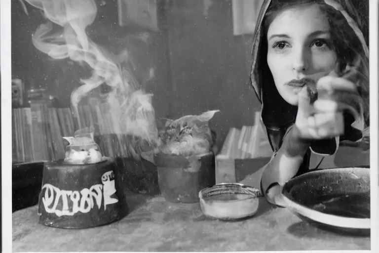 Prompt: polaroid 1 9 8 0's photo, close up portrait, dramatic lighting, concentration, calm confident teen witch and her cat mixing a spell in a cauldron, a little smoke fills the air, a witch hat and cape, a little green smoke is coming out of the cauldron, ingredients on the table, apothecary shelves in the background, still from harry potter