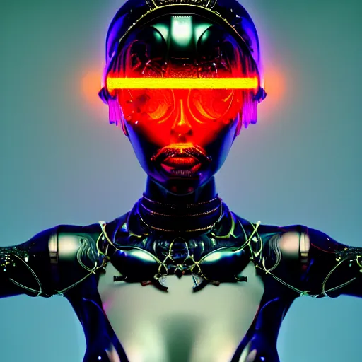 Image similar to portrait of an absurdly beautiful, graceful, sophisticated, fashionable cyberpunk mechanoid gravure idol, hyperdetailed illustration by irakli nadar, adut akech, matt wisniewski style, intricate linework, dark black porcelain skin, jellyfish headdress, unreal engine 5 highly rendered, global illumination, neon red light, detailed and intricate environment