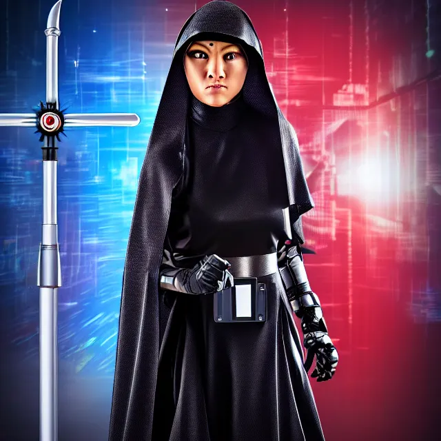 Prompt: cyber nun ninja warrior with weapons, highly detailed, 8 k, hdr, smooth, sharp focus, high resolution, award - winning photo