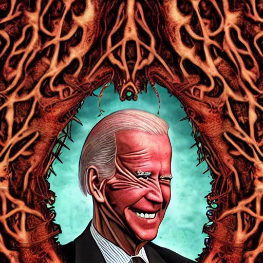 Image similar to biden became bloody ugly lovecraftian degenerate abomination, photo - realistic, color image, 2 k, highly detailed, bodyhorror, occult art, fractal structure