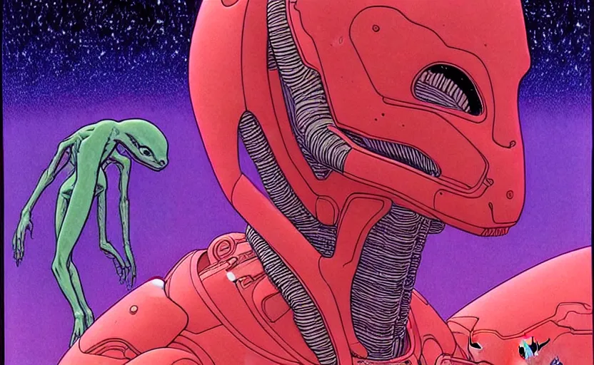 Image similar to ( ( ( ( an alien ) ) ) ) by mœbius!!!!!!!!!!!!!!!!!!!!!!!!!!!, overdetailed art, colorful