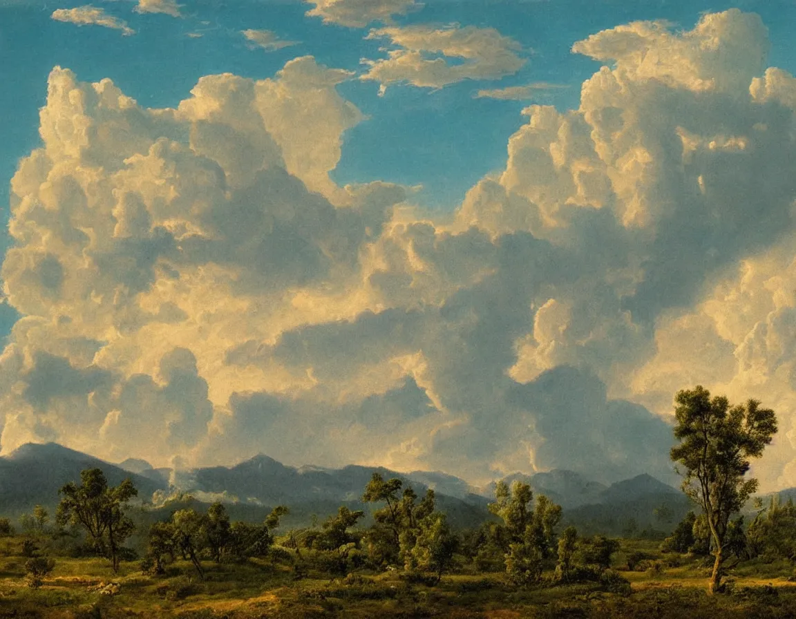 Prompt: sunlit cumulonimbus clouds approach over background mountains towards a hilly, grassy field with sparse trees at sunset, very detailed, style of ernst haeckel