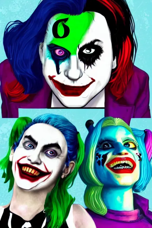 Prompt: joaquin phoenix as joker and lady gaga as harley quinn, remove duplicate content!!!!, delete duplicate content!!!, violet polsangi pop art, gta chinatown wars art style, bioshock infinite art style, incrinate, realistic anatomy, hyperrealistic, rgba color, white frame, content balance proportion