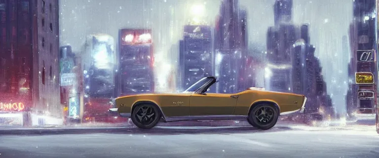 Image similar to Ermine White Chevrolet Camaro Z28 Convertible (1967), a gritty neo-noir, dramatic bright lighting, cinematic, establishing shot, extremely high detail, photorealistic, cinematic lighting, artstation, by simon stalenhag, Max Payne (PC) (2001) winter new york at night