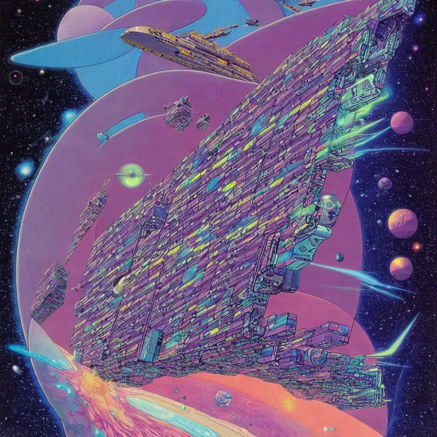 Image similar to ( ( ( ( a huge ship moving through a dimensional gap at the end of the galaxy. ) ) ) ) by mœbius!!!!!!!!!!!!!!!!!!!!!!!!!!!, overdetailed art, colorful, artistic record jacket design