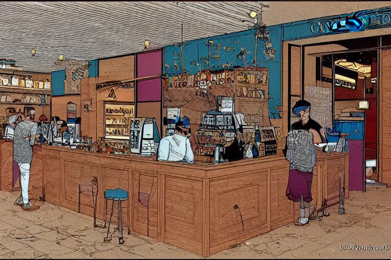 Image similar to coffee shop by moebius