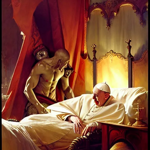 Image similar to the pope is in his bed, nervous and terrified, because a double horned shadow demon from hell is attacking him. highly detailed painting by gaston bussiere, j. c. leyendecker, greg rutkowski, craig mullins 8 k