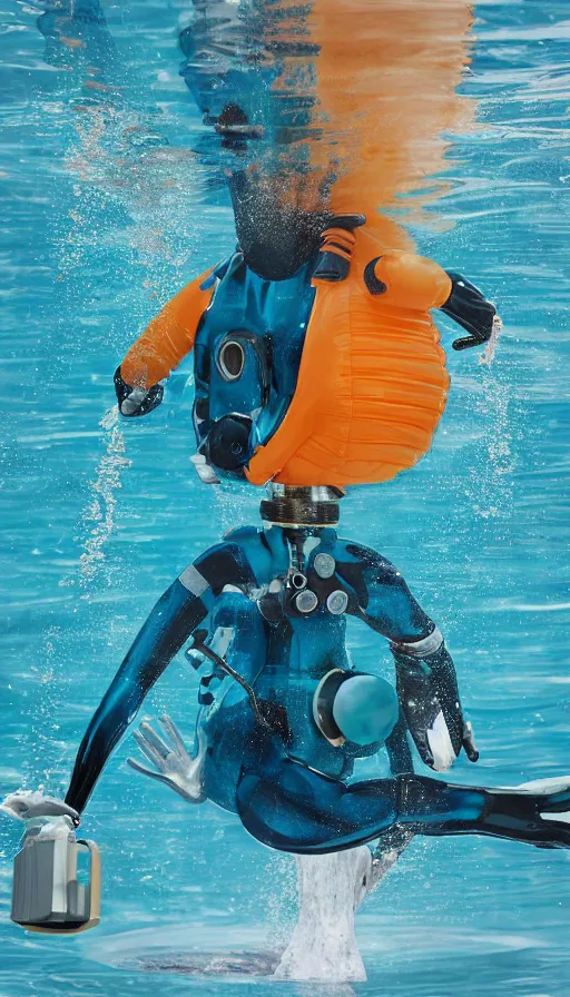 Prompt: a single striding slender figurine of a tall giant inflated diver woman wearing over sized gold teal puffy bomber jacket, long bendy arms and legs, googly eyes, tareme eyes, small head, personification, dynamic pose, detailed product photo, tone mapped, beautiful composition, orange mist swirling at feet, 8 5 mm, f 5. 8