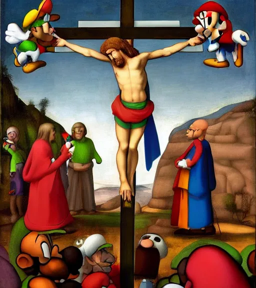 Image similar to mond crucifixion by raphael with mario!!!!!! and luigi!!!!!, nintendo