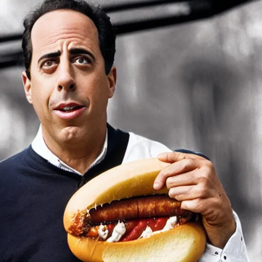 Image similar to jerry seinfeld eating a hot dog in the old west