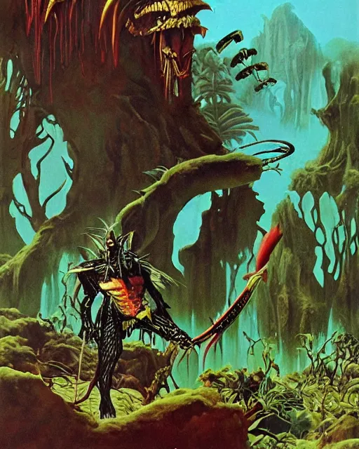 Prompt: roger dean art of predator ( 1 9 8 7 )