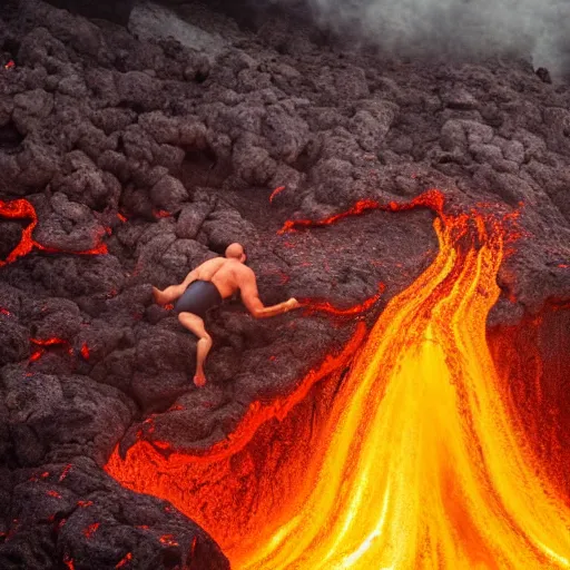 Image similar to man in a swimsuit getting swallowed by flowing lava on a volcano with magma eruptions